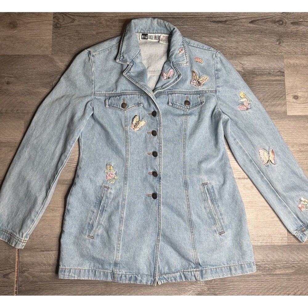 Vtg Together Women’s Embroidered Butterfly Denim Blue Jean Jacket Blazer Size 4